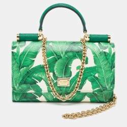 Pre Owned Dolce & Gabbana Green/White Printed Leather Miss Sicily Von Wallet on Chain