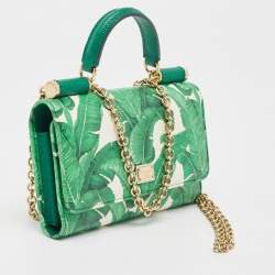 Pre Owned Dolce & Gabbana Green/White Printed Leather Miss Sicily Von Wallet on Chain