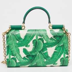 Pre Owned Dolce & Gabbana Green/White Printed Leather Miss Sicily Von Wallet on Chain
