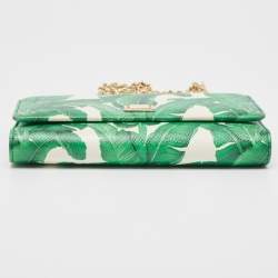 Pre Owned Dolce & Gabbana Green/White Printed Leather Miss Sicily Von Wallet on Chain