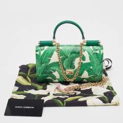 Pre Owned Dolce & Gabbana Green/White Printed Leather Miss Sicily Von Wallet on Chain