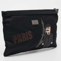 Pre Owned Dolce & Gabbana Black Nylon and Leather Patchwork Zip Pouch