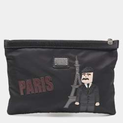 Pre Owned Dolce & Gabbana Black Nylon and Leather Patchwork Zip Pouch