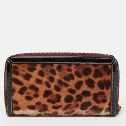 Pre Owned Dolce & Gabbana Brown Leopard Print Calfhair and Patent Leather Zip Around Continental Wallet