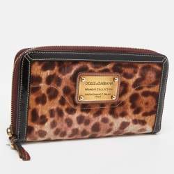 Pre Owned Dolce & Gabbana Brown Leopard Print Calfhair and Patent Leather Zip Around Continental Wallet