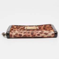Pre Owned Dolce & Gabbana Brown Leopard Print Calfhair and Patent Leather Zip Around Continental Wallet