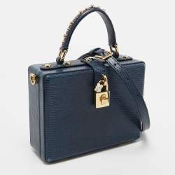 Pre Owned Dolce & Gabbana Blue Lizard Embossed Leather Rosaria Box Top Handle Bag