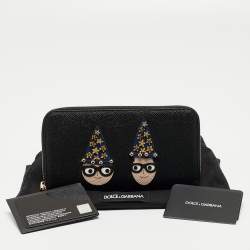 Pre Owned Dolce & Gabbana Black Leather DG Family Patch Zip Around Wallet
