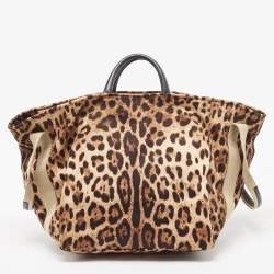 Pre Owned Dolce & Gabbana Beige Brown/Black Leopard Print Fabric Front Pouch Tote  