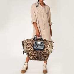 Pre Owned Dolce & Gabbana Beige Brown/Black Leopard Print Fabric Front Pouch Tote  