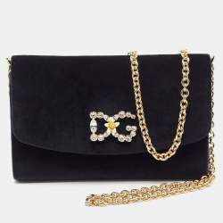 Dolce & Gabbana Black Velvet Crystal Logo Chain Clutch