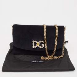 Dolce & Gabbana Black Velvet Crystal Logo Chain Clutch