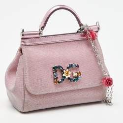Pre Owned Dolce & Gabbana Pink Lurex Fabric and Leather Mini Miss Sicily Top Handle Bag