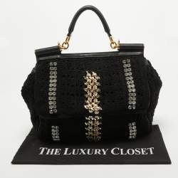 Pre Owned Dolce & Gabbana Black Crochet Fabric Large Crystal and Chain Miss Sicily Top Handle Bag