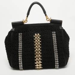 Pre Owned Dolce & Gabbana Black Crochet Fabric Large Crystal and Chain Miss Sicily Top Handle Bag