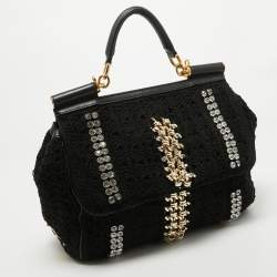 Pre Owned Dolce & Gabbana Black Crochet Fabric Large Crystal and Chain Miss Sicily Top Handle Bag