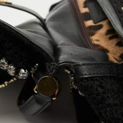 Pre Owned Dolce & Gabbana Black Crochet Fabric Large Crystal and Chain Miss Sicily Top Handle Bag