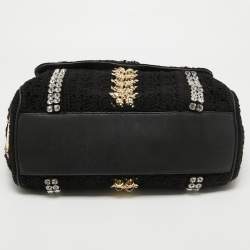 Pre Owned Dolce & Gabbana Black Crochet Fabric Large Crystal and Chain Miss Sicily Top Handle Bag