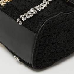 Pre Owned Dolce & Gabbana Black Crochet Fabric Large Crystal and Chain Miss Sicily Top Handle Bag