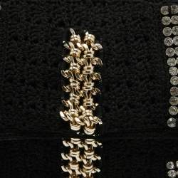 Pre Owned Dolce & Gabbana Black Crochet Fabric Large Crystal and Chain Miss Sicily Top Handle Bag