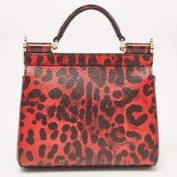 مملوكة مسبقًا Dolce & Gabbana Red/Black Leopard Print Leather Mini Crystal and Spike DG Logo Miss Sicily Bag