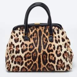 Dolce & Gabbana Brown Leopard Print Calfhair and Leather Frame Satchel