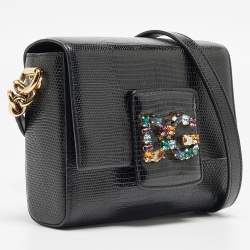 Pre Owned Dolce & Gabbana Black Lizard Embossed Leather Mini DG Millennials Crossbody Bag