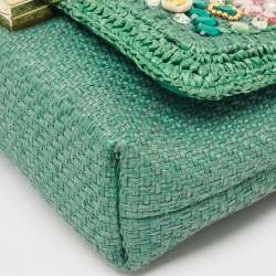 Pre Owned Dolce & Gabbana Green Raffia and Leather Crystals Embellished Padlock Shoulder Bag