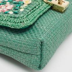 Pre Owned Dolce & Gabbana Green Raffia and Leather Crystals Embellished Padlock Shoulder Bag