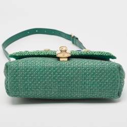Pre Owned Dolce & Gabbana Green Raffia and Leather Crystals Embellished Padlock Shoulder Bag