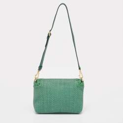 Pre Owned Dolce & Gabbana Green Raffia and Leather Crystals Embellished Padlock Shoulder Bag