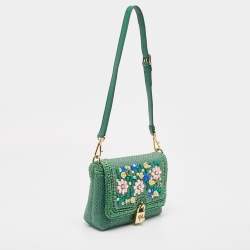 Pre Owned Dolce & Gabbana Green Raffia and Leather Crystals Embellished Padlock Shoulder Bag