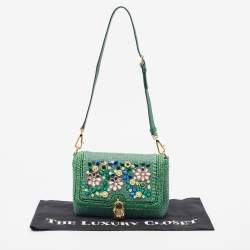 Pre Owned Dolce & Gabbana Green Raffia and Leather Crystals Embellished Padlock Shoulder Bag