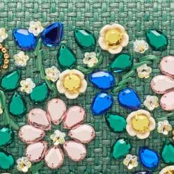 Pre Owned Dolce & Gabbana Green Raffia and Leather Crystals Embellished Padlock Shoulder Bag