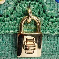 Pre Owned Dolce & Gabbana Green Raffia and Leather Crystals Embellished Padlock Shoulder Bag