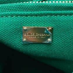 Pre Owned Dolce & Gabbana Green Raffia and Leather Crystals Embellished Padlock Shoulder Bag