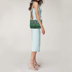 Pre Owned Dolce & Gabbana Green Raffia and Leather Crystals Embellished Padlock Shoulder Bag