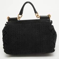 Pre Owned Dolce & Gabbana Black Crochet and  Leather Medium Miss Sicily Top Handle Bag