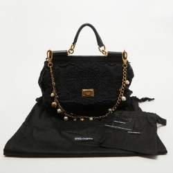 Pre Owned Dolce & Gabbana Black Crochet and  Leather Medium Miss Sicily Top Handle Bag