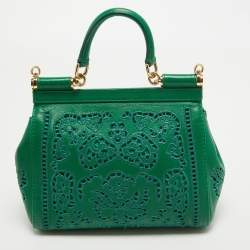 Pre Owned Dolce & Gabbana Green Leather Small Embroidered Miss Sicily Top Handle Bag