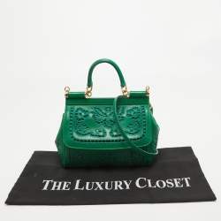 Pre Owned Dolce & Gabbana Green Leather Small Embroidered Miss Sicily Top Handle Bag