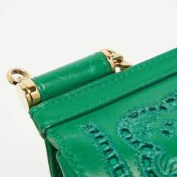 Pre Owned Dolce & Gabbana Green Leather Small Embroidered Miss Sicily Top Handle Bag
