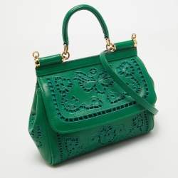 Pre Owned Dolce & Gabbana Green Leather Small Embroidered Miss Sicily Top Handle Bag