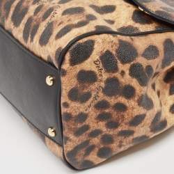 Pre Owned Dolce & Gabbana Brown/Black Leopard Print Coated Canvas and Leather Large Miss Sicily Top Handle Bag
