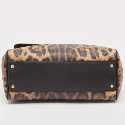 Pre Owned Dolce & Gabbana Brown/Black Leopard Print Coated Canvas and Leather Large Miss Sicily Top Handle Bag