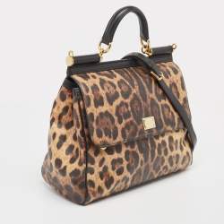 Pre Owned Dolce & Gabbana Brown/Black Leopard Print Coated Canvas and Leather Large Miss Sicily Top Handle Bag