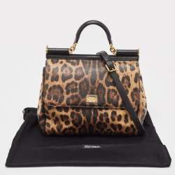 Pre Owned Dolce & Gabbana Brown/Black Leopard Print Coated Canvas and Leather Large Miss Sicily Top Handle Bag