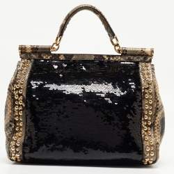 Pre Owned Dolce & Gabbana Multicolor Leather,Sequins and Python Large Miss Sicily Top Handle Bag