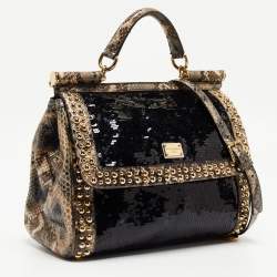 Pre Owned Dolce & Gabbana Multicolor Leather,Sequins and Python Large Miss Sicily Top Handle Bag