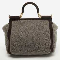 Pre Owned Dolce & Gabbana Brown/Grey Suede and Shearling Large Miss Sicily Top Handle Bag
